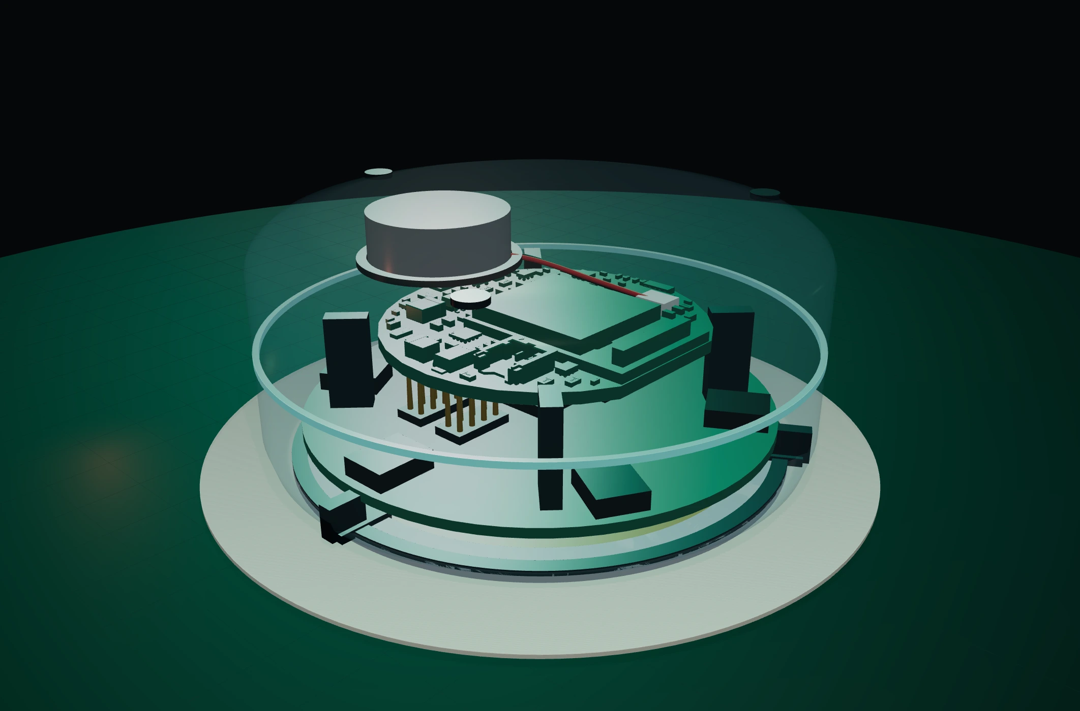 Cutaway rendering of the CBM cartridge, low-profile connector, guarded daughterboard, Biocoin board, offset battery, harness, retainers, and shell