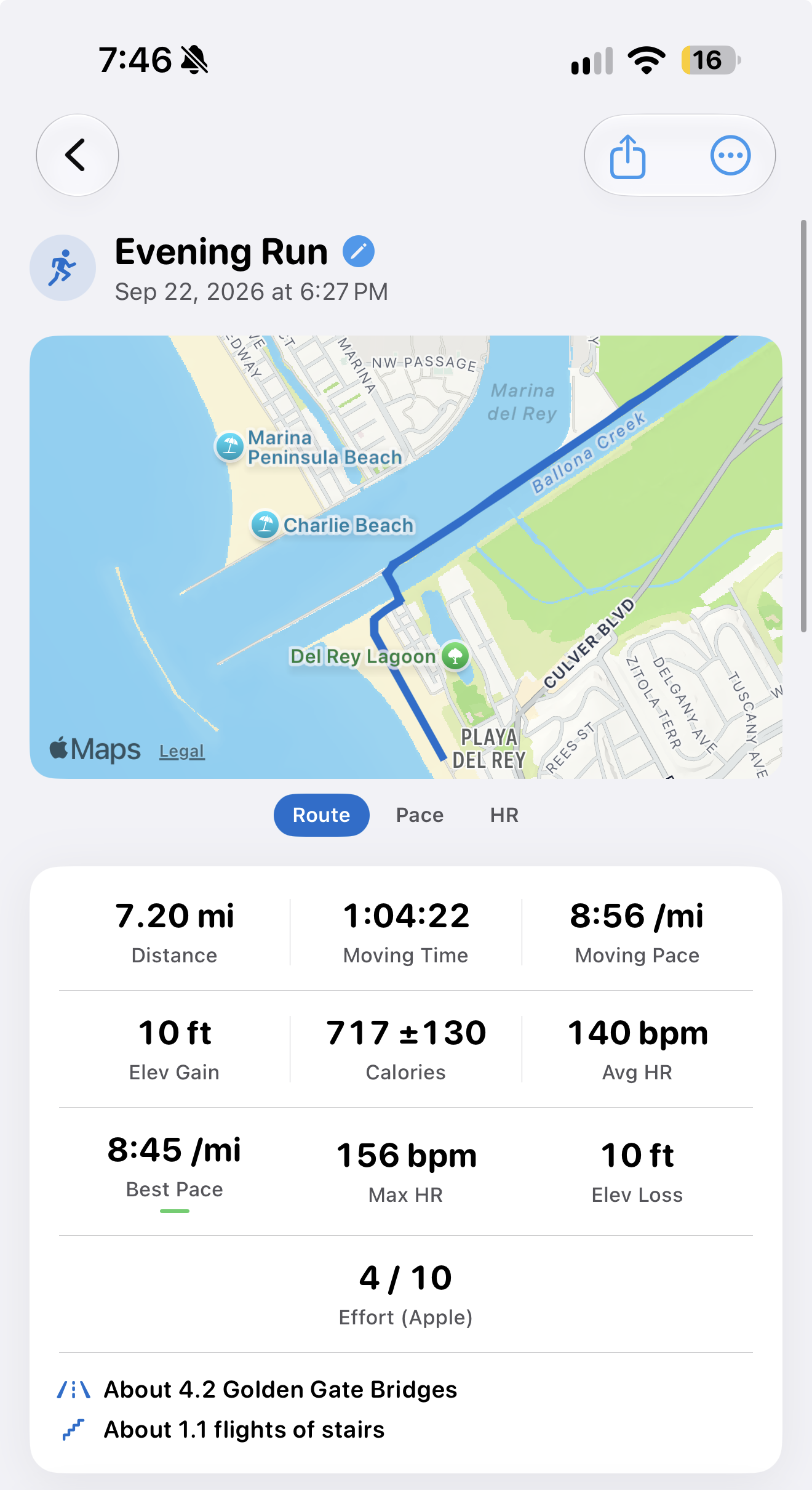 Actual StatsKey iPhone screenshot of the September 22 Evening Run, showing the public beach route, 7.20 miles, pace, and heart rate