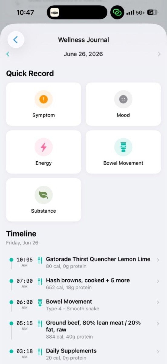 StatsKey Wellness Journal — Bristol-scale bowel movements, symptoms, mood, and energy