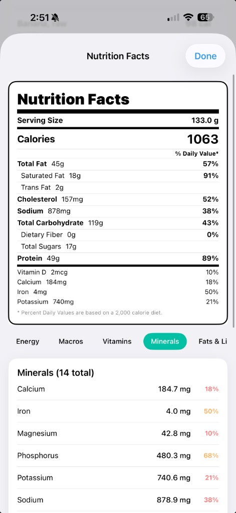 StatsKey nutrition facts — full vitamin and mineral panel with deficit context
